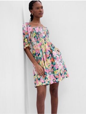 GAP Floral Smocked Floral Square-Neck Mini Dress Linen Blend Small